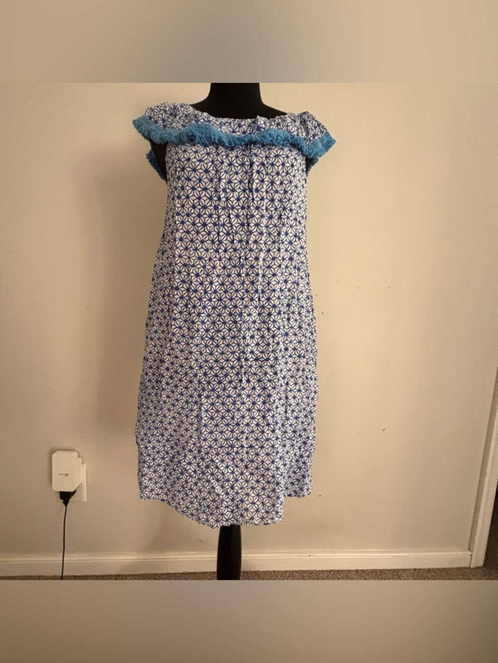 Roberta Roller Rabbit Blue Print Ruffle Dress XS Boho Mini Dress